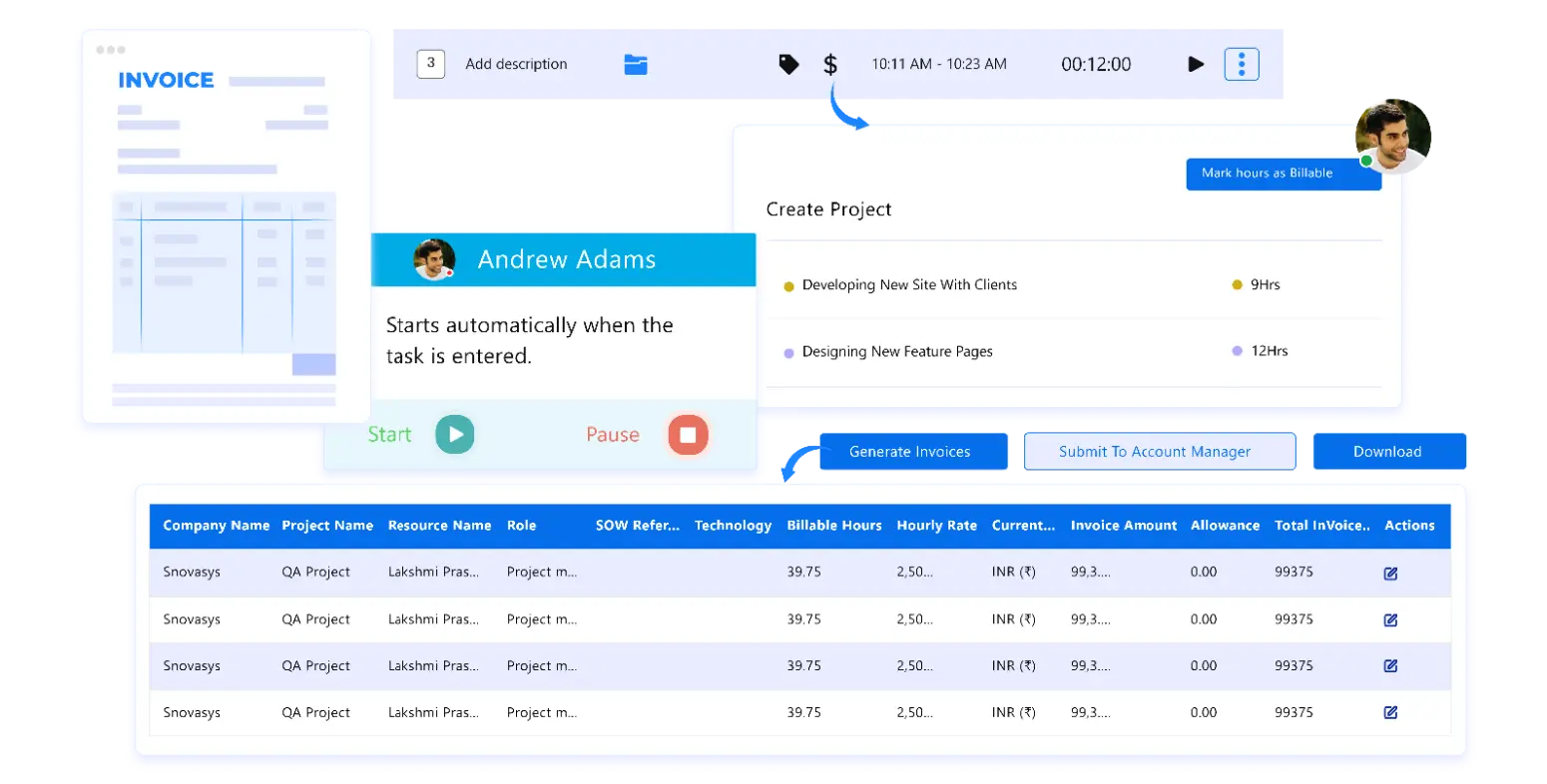 Export invoices and time reports for client billing and review